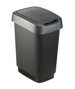 Rotho Poubelle à Bascule Twist 10 L, Argent Foncé - Poubelle à Battant